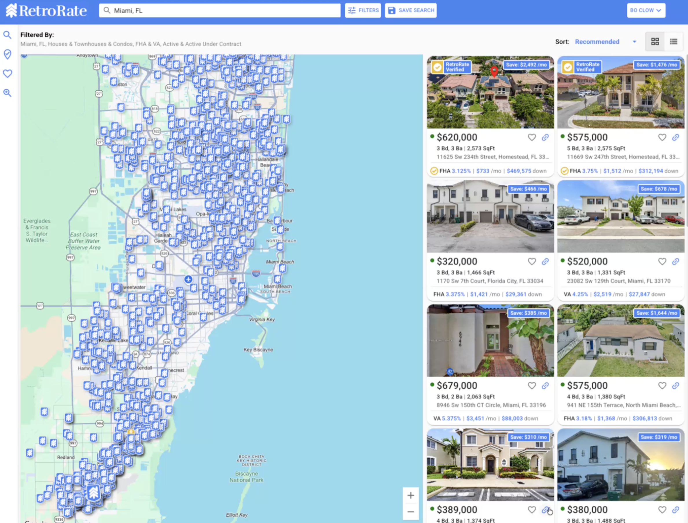 RetroRate web app showing the split map and list search view, with assumable listings pinned on the map and result cards showing rate, monthly savings and loan terms