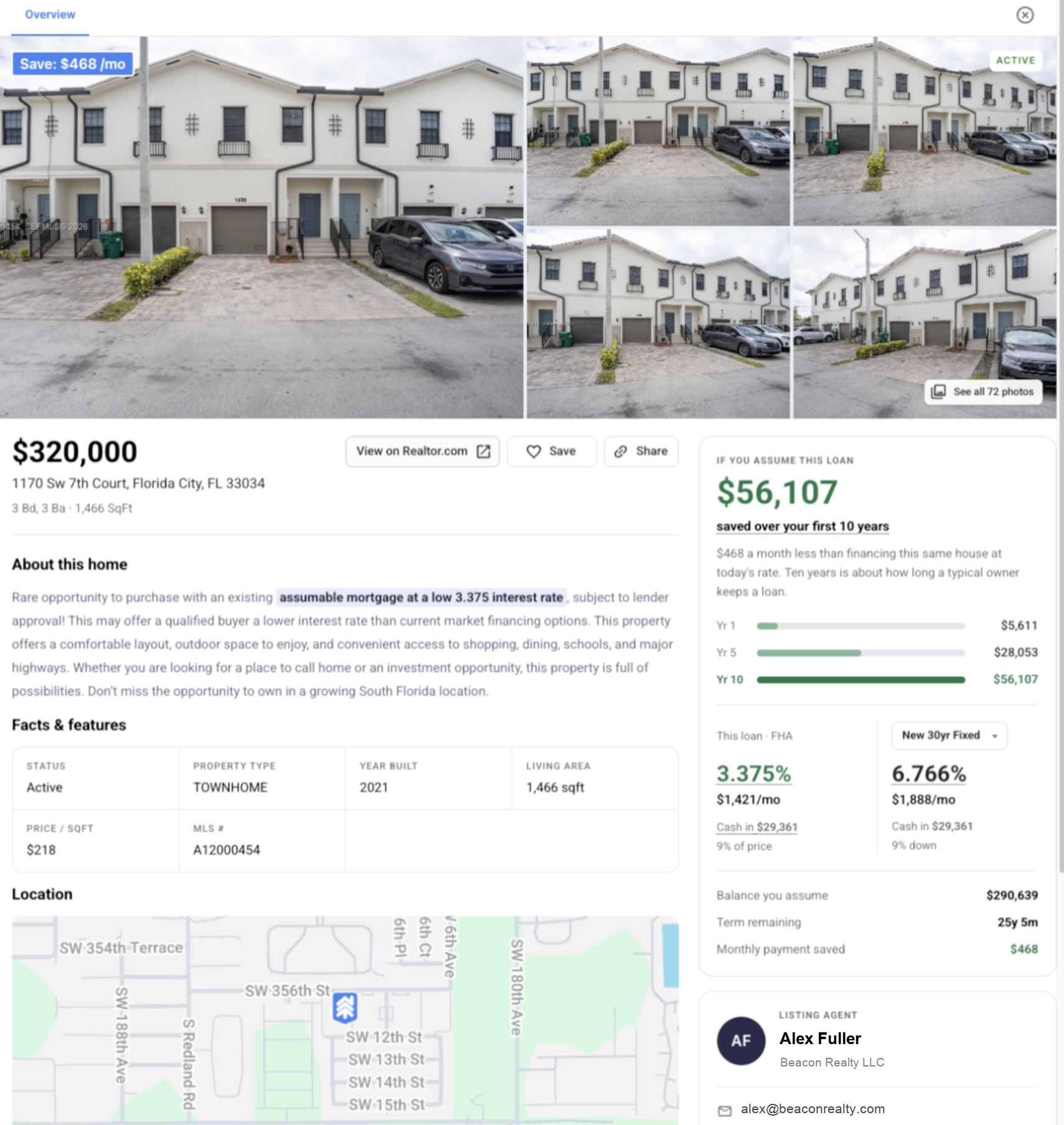 Listing detail page with the assumable-mortgage phrase detected and highlighted in the MLS remarks, alongside the assumption savings breakdown