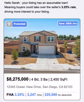 Listing alert email showing the assumable rate, monthly savings, and loan terms