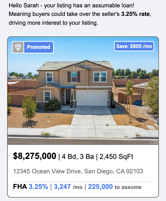 Listing alert email sent to an agent, showing the assumable rate, monthly savings, and the listing's loan terms