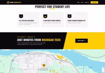 Husky Housing Co. amenities, an Apply Now banner, and a map showing 1209 Diamond St. relative to Michigan Tech