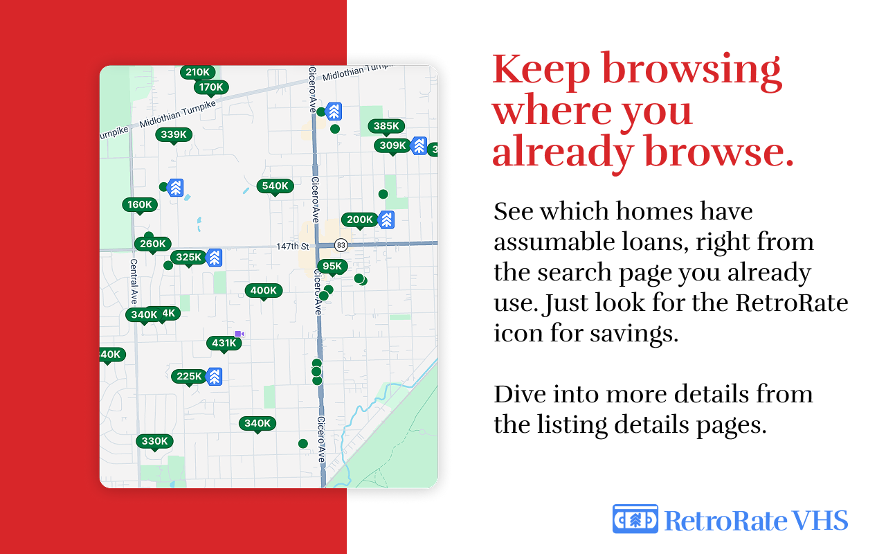 RetroRate VHS map view highlighting nearby homes with assumable loans