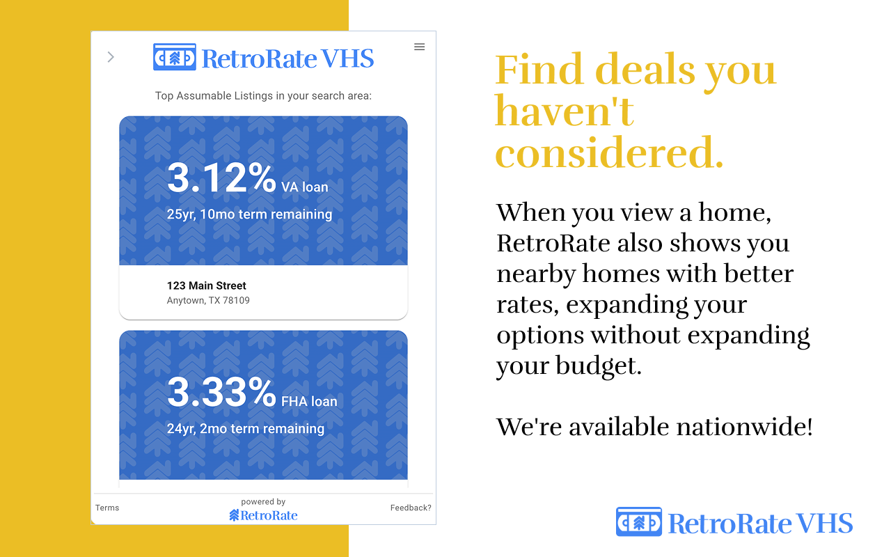 RetroRate VHS list of top assumable listings near a searched property