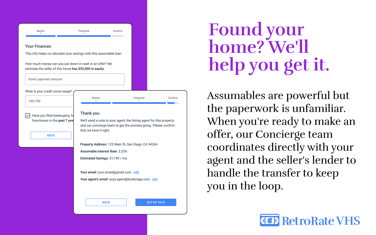 RetroRate VHS assumption request flow for connecting with an agent